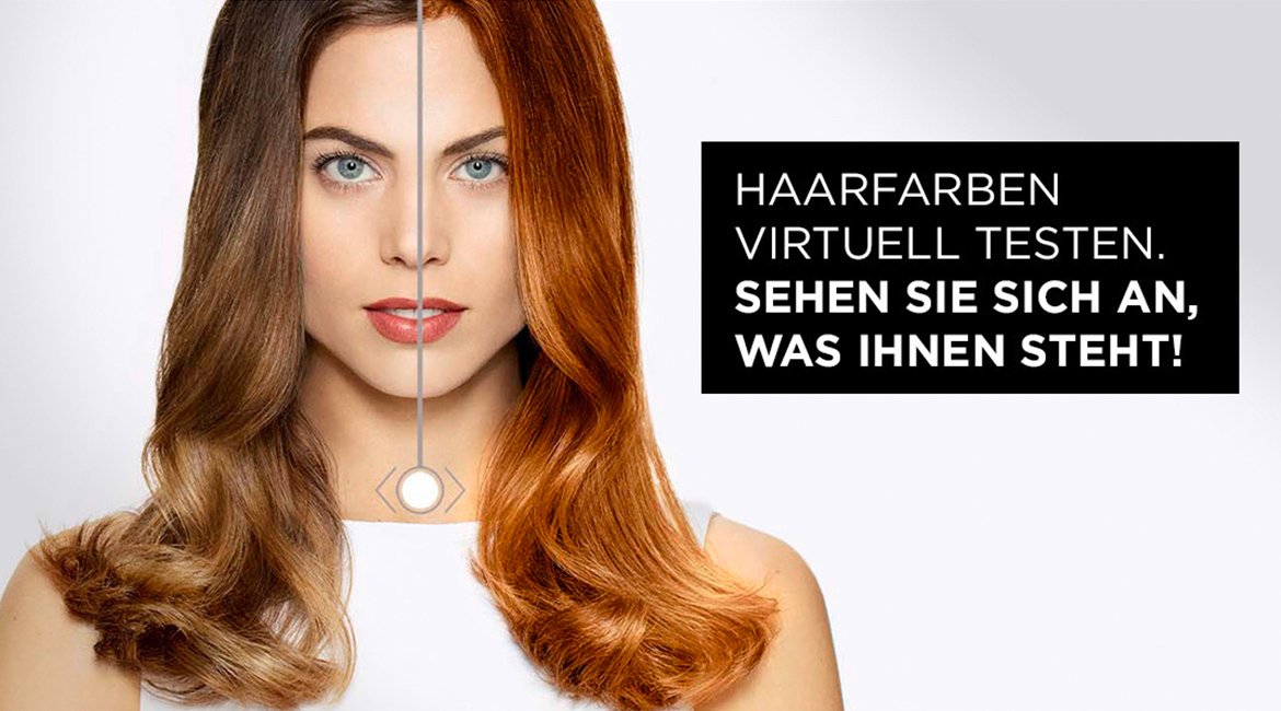 Haare virtuell testen - Vorher/Nachher Ansicht einer Frau mit mittellangen Haaren, rechts rotbraun gefärbt